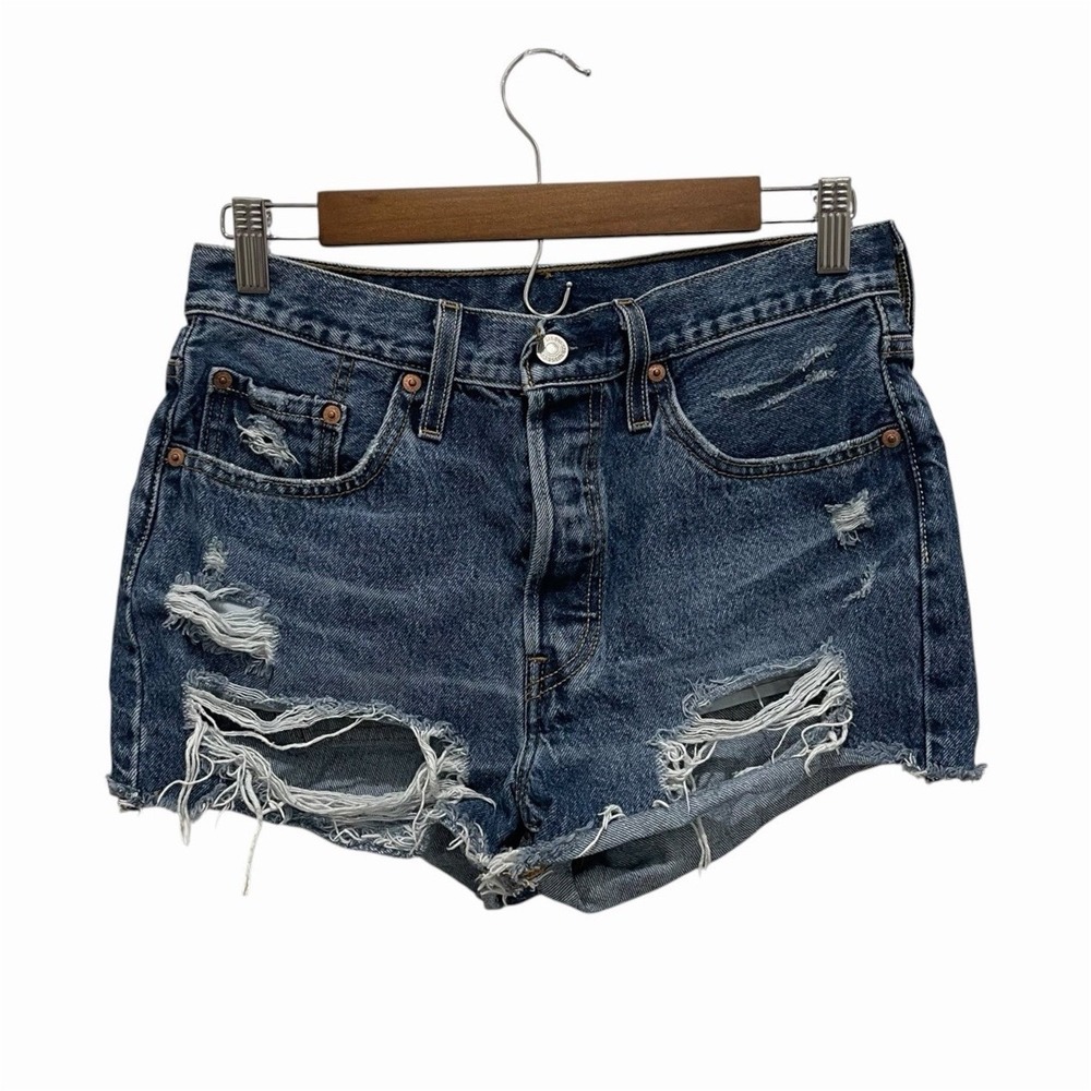 Levi's 501 Women's Cut Off Denim Shorts Blue Distressed Button Fly W28